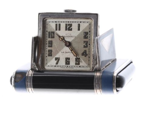 Tavannes La Captive silver and enamel purse watch, circa 1930, signed and branded square silvered dial with Arabic luminous n