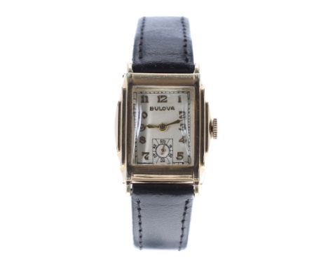 Bulova Art Deco 10k rolled gold rectangular gentleman's wristwatch, signed silvered dial with Arabic numerals and subsidiary 