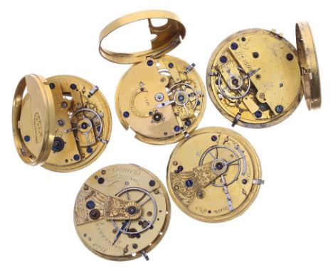 Five fusee lever pocket watch movements for repair to include two Massey III movements, including makers Daniels; R. Willis; 