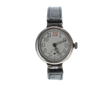 Silver hinged-lug gentleman's wristwatch, import hallmarks Glasgow, circular enamel dial with Arabic numerals, red twelve, mi