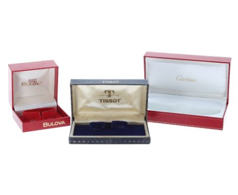 Bulova red square watch box; together with a Tissot watch box and a Cartier sunglasses case, ref. CO 712 (3)