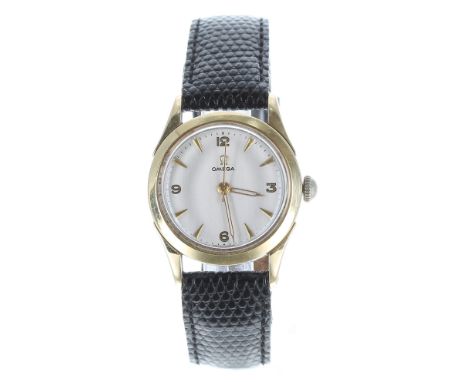 Omega mid-size stainless steel wristwatch, ref. 2621-1, circa 1950, serial no. 12319050, circular silvered dial with quarter 