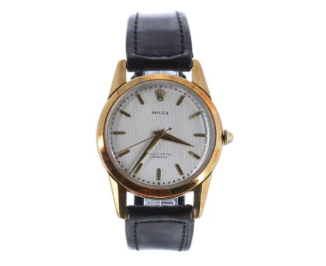 Rolex Chronometer 18k gentleman's wristwatch, ref. 8570, circa 1950s, signed silvered honeycomb dial with hour baton markers,