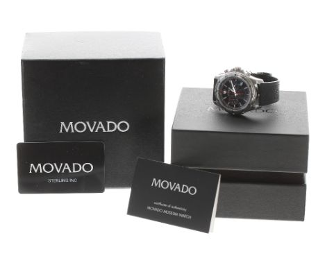 Movado Series 800 chronograph stainless steel gentleman's wristwatch, ref. 14.1.14.1060, no. 11334221, black dial, rotating b