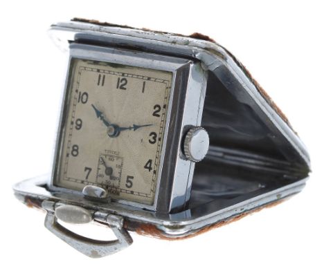 Tivoli Art Deco chrome and leather-bound square purse watch, signed engine turned silvered dial with Arabic numerals and subs