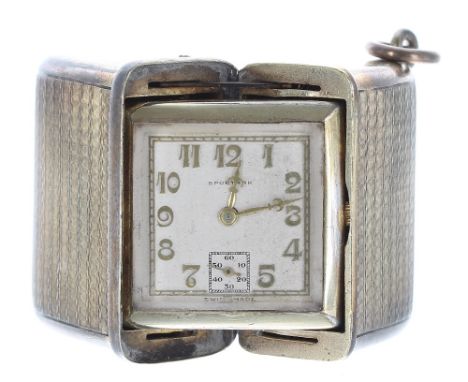 Art Deco Sportank silver-gilt folding purse watch, square silvered dial with applied Arabic numerals and subsidiary seconds d