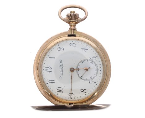 International Watch Co. (IWC) 14k hunter pocket watch, gilt frosted lever-set movement, no. 524432, two-part white dial with 