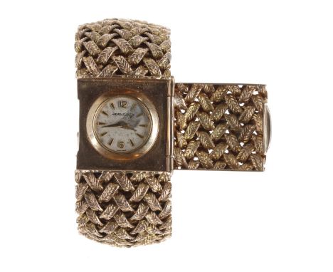 Jaeger-LeCoultre 9ct lady's woven link cocktail bracelet watch, case ref. 5077, circa 1961, small signed silvered dial with A