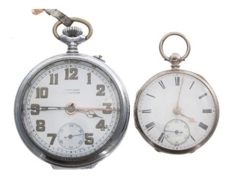 Silver fusee lever engine turned fob watch for repair, 40mm; together with a nickel cased alarm pocket watch for repair, 54mm