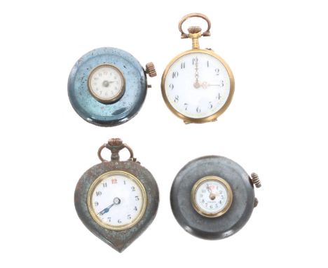 Two gun metal button hole watches for repair, 29mm and 28mm; together with a heart shaped gun metal and enamel fob watch for 