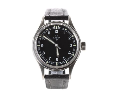 Omega British Military RAF pilot's stainless steel gentleman's wristwatch, circa 1953, circular black dial with circled T, Ar