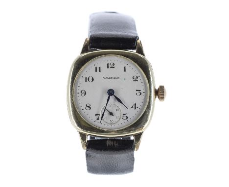 Waltham Riverside Maximus 14k gold filled cushion cased gentleman's wristwatch, circa 1907, case. no. 6236583, circular silve