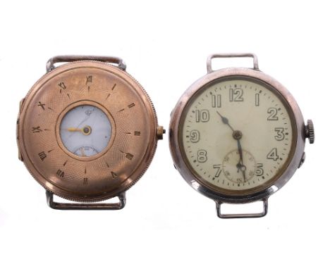 Gold plated half hunter engine turned wire-lug wristwatch for repair, unsigned movement, 36mm; together with a silver WWI per