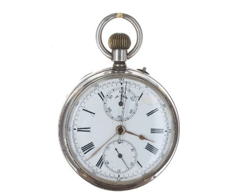 Silver centre seconds chronograph lever pocket watch, Chester 1895, frosted movement with compensated balance and regulator, 