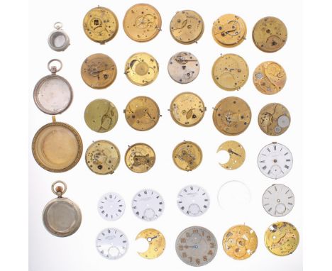 Quantity of assorted pocket watch movements for repair; together with a small quantity of pocket watch dials and a selection 