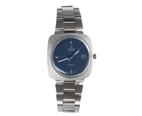 Omega Genéve automatic square cased stainless steel gentleman's bracelet watch, circular blue dial with quarter hour markers,
