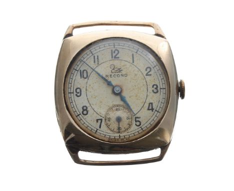 Record 9ct cushion cased wire-lug gentleman's wristwatch, London 1952, signed circular silvered dial with Arabic numerals, mi