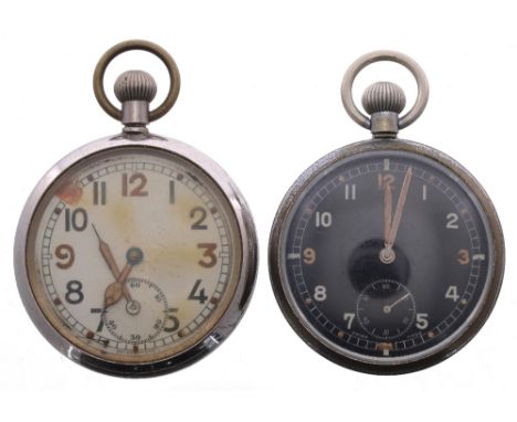 Enicar British Military Army issue nickel cased lever pocket watch, signed FHF 2144 movement, black dial with Arabic numerals