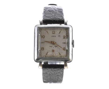 Oris square cased stainless steel gentleman's wristwatch, signed silvered dial with Arabic numerals, baton markers and subsid