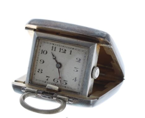 Art Deco silver-gilt and lilac guilloche enamel folding purse watch, Birmingham 1928, rectangular silvered dial with Arabic n