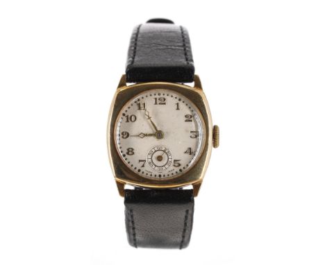 9ct cushion cased mid-size wristwatch, Chester 1931, silvered dial with applied Arabic numerals and subsidiary seconds dial, 
