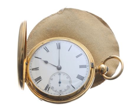 Victorian 18ct hunter pocket watch, London 1874, unsigned fusee movement, no. 7033, with dust cover, compensated balance with