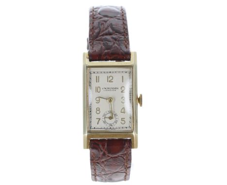14k rectangular cased gentleman's wristwatch, rectangular silvered dial signed J.W. Benson with gilt Arabic numerals, minute 