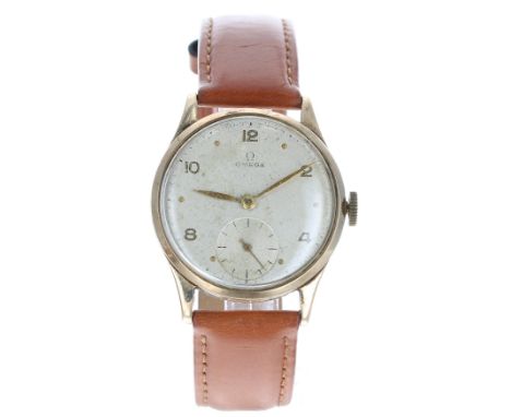 Omega 9ct gentleman's wristwatch, Birmingham 1949, serial no. 113171XX, circular silvered dial with Arabic numerals, dot hour