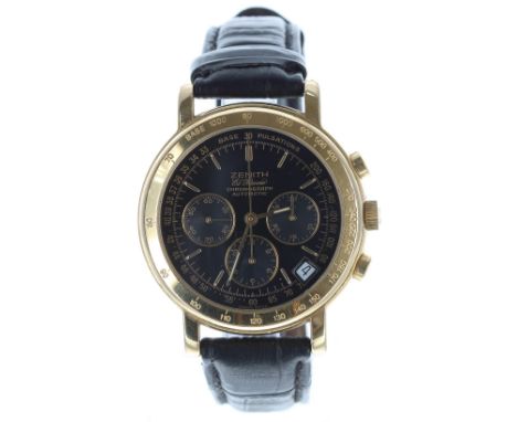 Zenith El Primero Chronograph automatic gold plated gentleman's wristwatch, ref. 20.0250.400, fixed bezel, black dial with ch