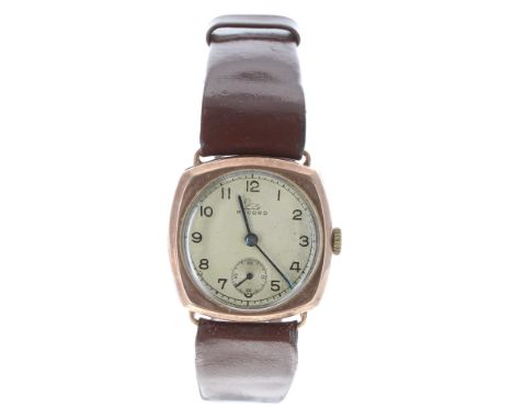 Record 9ct cushion cased wire-lug gentleman's wristwatch, London 1949, signed silvered dial with Arabic numerals, minute trac