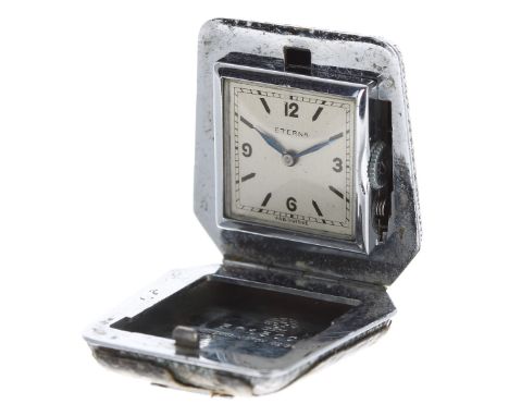 Eterna Art Deco chrome cased and faux shagreen folding purse watch, signed square silvered dial, case no. 3013001, 28.5mm (at