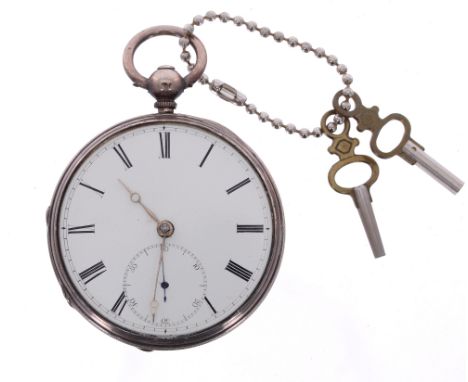 Silver fusee lever pocket watch, London 1859, unsigned movement with engraved balance cock, diamond endstone, steel three arm