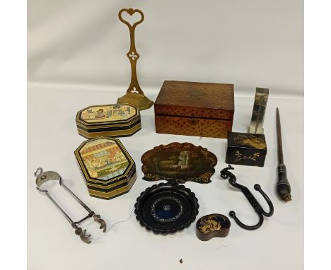 Indian hand painted trinket boxes, Thuya wood box, Brass Door stop, Cast iron hanger, Lacquered papier mache tray and boxes e