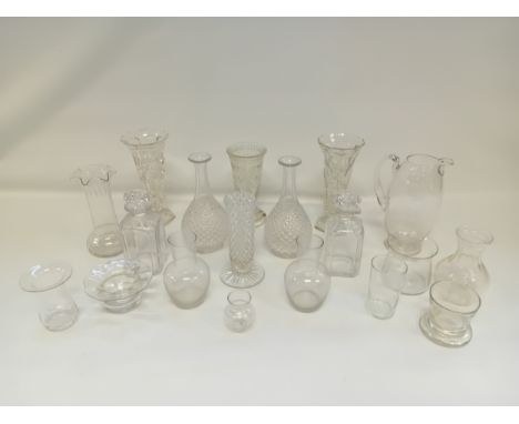 Collection of various crystal;  Victorian cut glass decanters,Vases, Carafes, plain decanters, pitcher etc