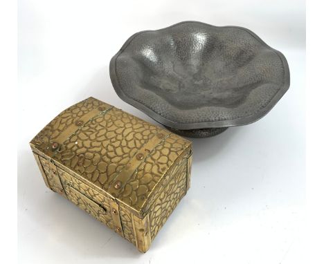 Art Deco Unity pewter hammered dish (26cm wide, 10cm high) together with brass coloured lined Tea caddy.
