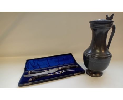Large lidded Pewter Pitcher with Victorian cased Antler carving set[31cm]