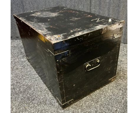 Antique military black painted pine and metal bound travel trunk [44x77x46cm]