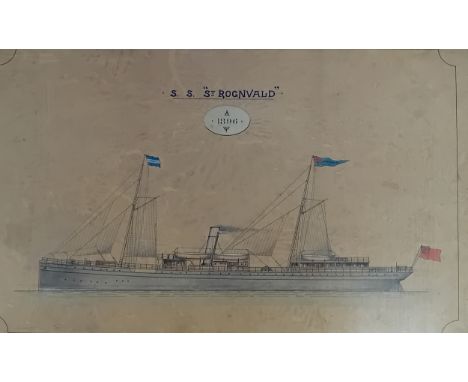 Antique fine line coloured etching titled ''S. S St Rognvald''[50 x70cm]