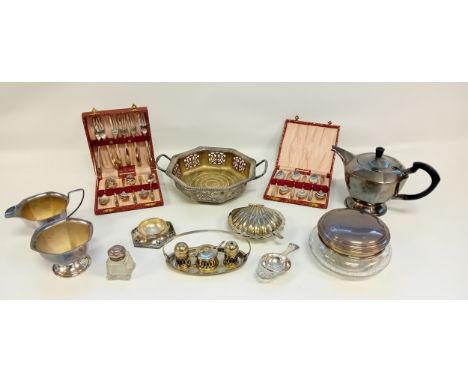 Box of plated ware to include trinket pot, Tea pot, cruet set, boxed spoons etc