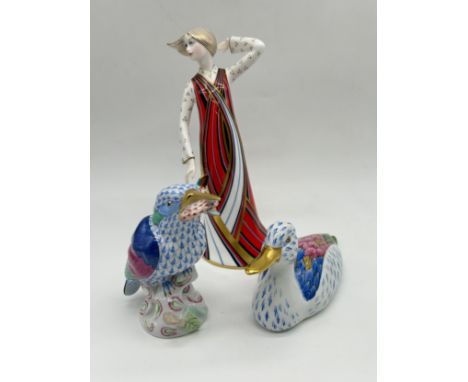 Herend Porcelain Kingfisher hand painted in Vieux Herend Blue fish scale design together Vista of Portugal duck model and Roy