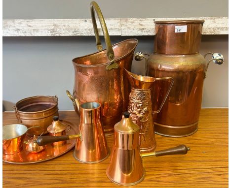 Mixed lot of copper items to include churn with ceramic handles, jugs, warmers etc