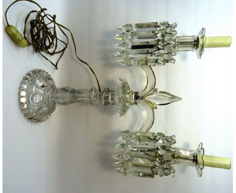 A Victorian glass two branch Table Lamp hung with spear and button cut lustre drops on a baluster turned column and dished fo