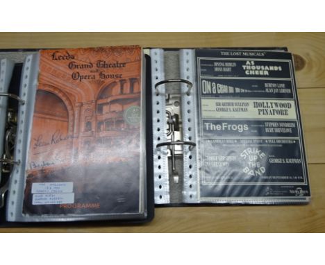 A small lever arch file and contents of Leeds Grand & Empire Programmes, 1948-1959 with signatures, a folder of theatre leafl