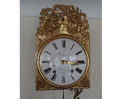 A 19th Century French Wall Clock, the white enamel dial, inscribed 'Bailly cadet, Mareigny, in an embossed brass case decorat