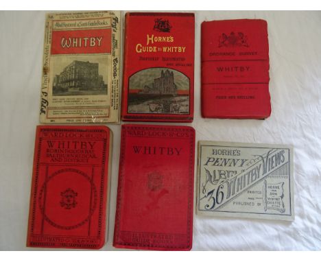 A box of old guide books, maps and pamphlets on Whitby, including Horne's Guide to Whitby, Ward Lock red guides and Ordnance 