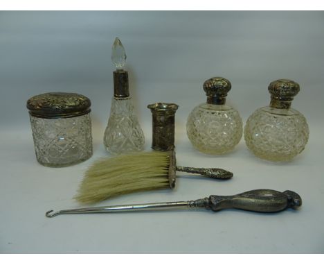 A pair of late Victorian glass globe Scent Flasks with silver covers, Birmingham 1900, glass dressing table jar with silver a