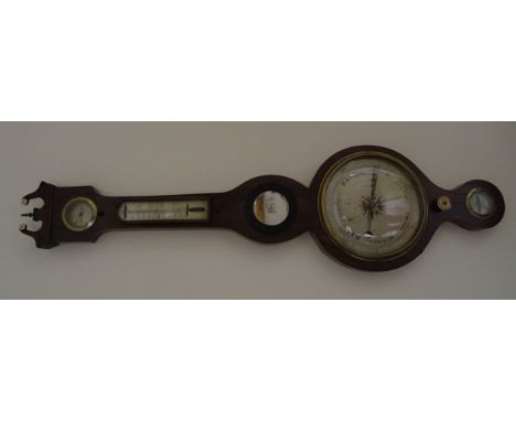 A 19th Century Wheel Barometer with hydrometer, thermometer, mirror and spirit level, in mahogany banjo pattern case, with 8"