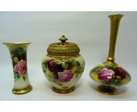 An early 20th Century Royal Worcester Potpourri, painted with roses with pierced gilded cover and internal cover.  5" (13cms)