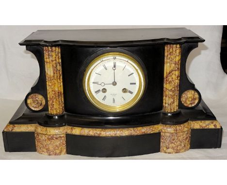 A Victorian Mantel Clock, the white dial inscribed 'Hry Marc, Paris' with striking movement in architectural style veined mar