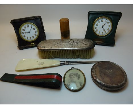 Two Swiss eight day travelling Watches, a miniature oval portrait, Mauchline ware needle case and other items.